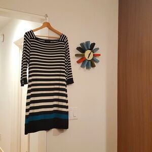 WHBM:  Horizontal Striped Dress, Size L, Black/Ivory/Teal